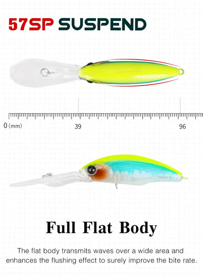 Suspending minnow hard body fishing lure, lime green and turquoise, shown side and top.