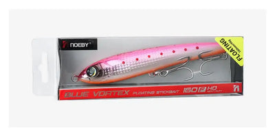 Noeby Blue Vortex floating stickbait lure in retail box, silver-blue and pink