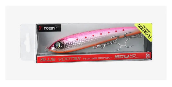 Noeby Blue Vortex floating stickbait lure in retail box, silver-blue and pink
