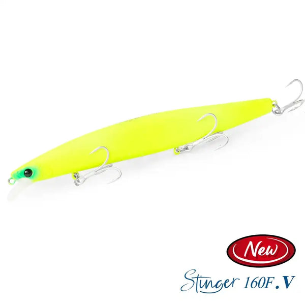 Floating minnow hard body lure, neon yellow-green body with silver hardware