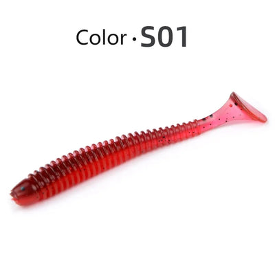 Soft paddle tail swimbait lure, Color S01: red-pink body with darker head.