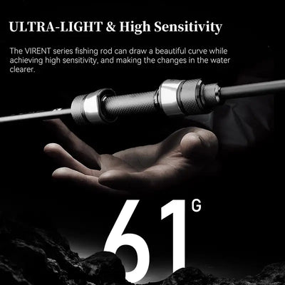 Ultralight fishing rod with textured handle and reel seat, 61g label