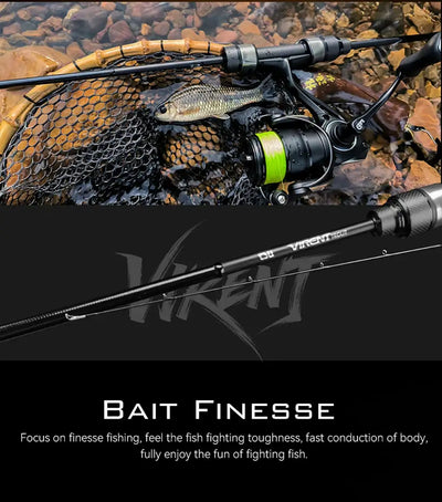 Light spinning rod beside a landing net with a fish, reel and guides visible