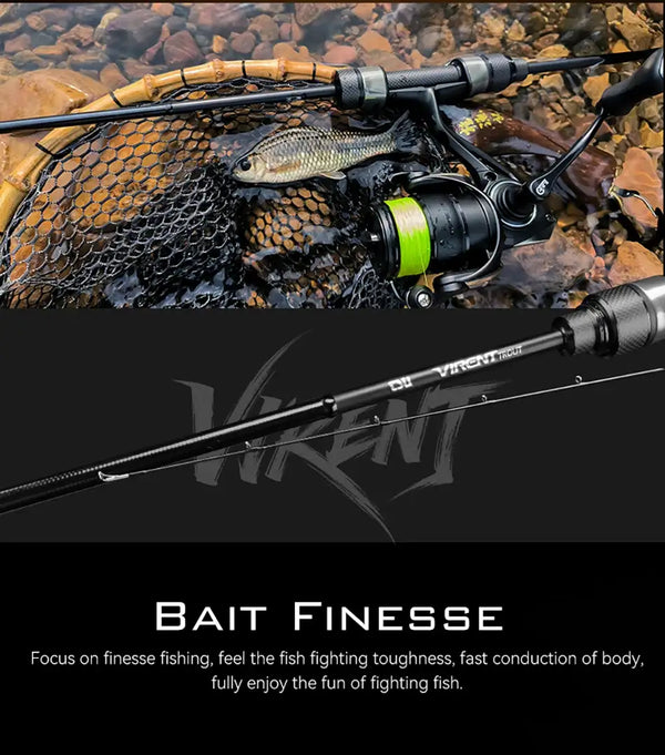 Light spinning rod beside a landing net with a fish, reel and guides visible