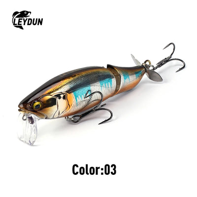 LEYDUN floating minnow lure, orange-brown body with blue stripes and treble hooks