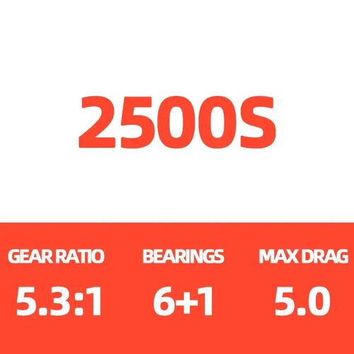 2500S reel specs: 5.3:1 gear ratio, 6+1 bearings, 5.0 max drag