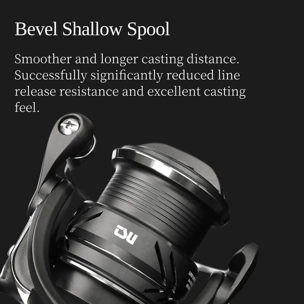 Bevel shallow spool spinning reel with ridged line spool and black bail