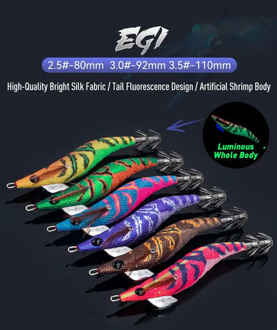 Bright multicolor squid jig lures lineup with silver split-tail hook tentacles