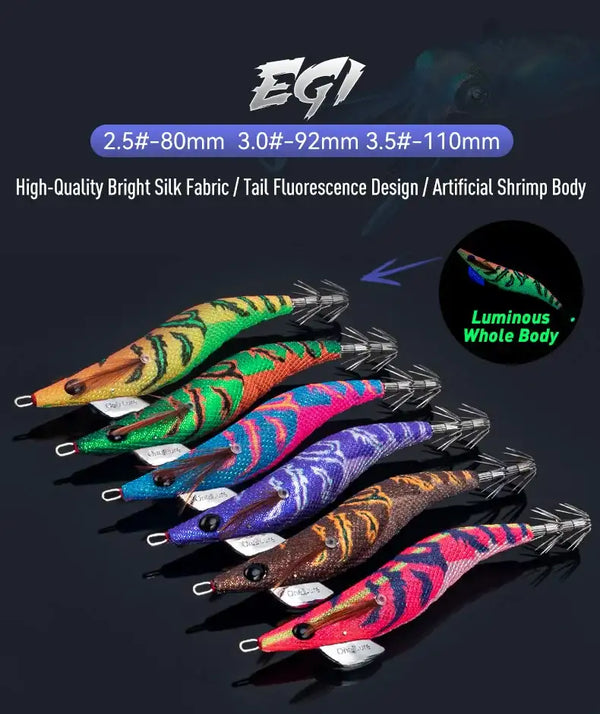 Bright multicolor squid jig lures lineup with silver split-tail hook tentacles