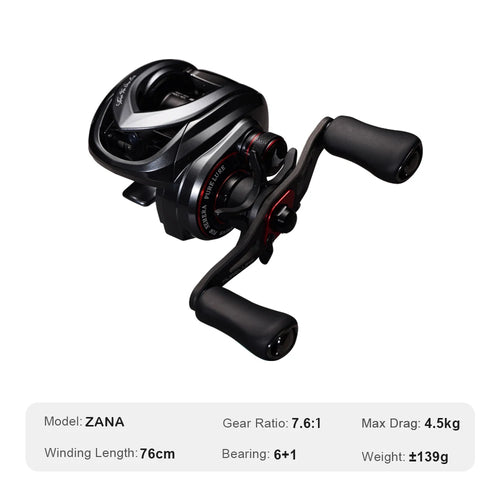 Black baitcasting fishing reel with dual knobs, silver spool, and red accents