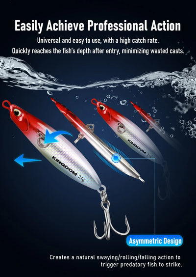 Three long casting jigging lures with treble hooks, shown swimming in water
