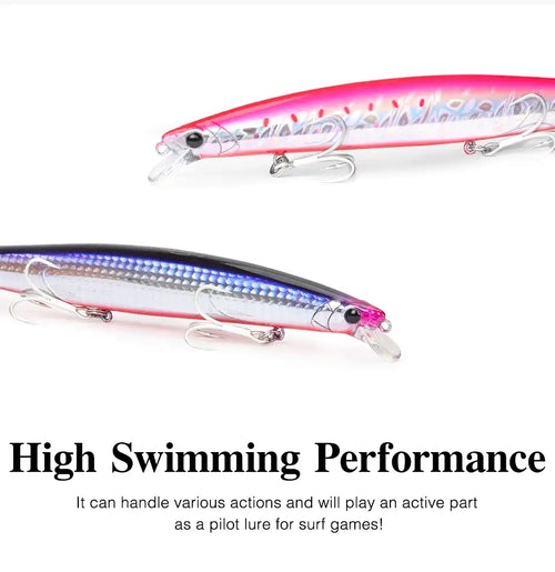 Floating minnow hard body lure pair: pink-silver and blue-pink with treble hooks