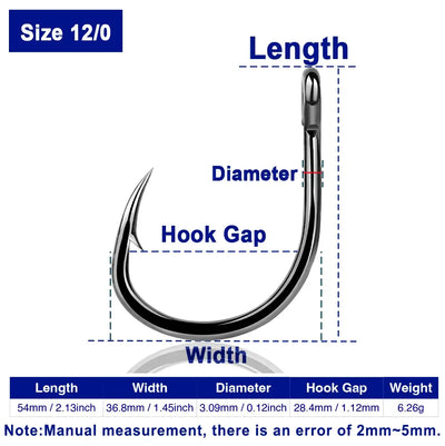 Fishing bait hook, Size 12/0, dark metal finish, offset J hook with barbed point