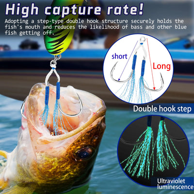 Double assist fishing hooks with blue feather strands and curved metal hooks