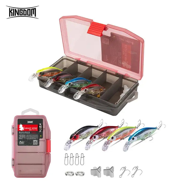Sinking minnow lure combo kit in open case with four lures and storage accessories