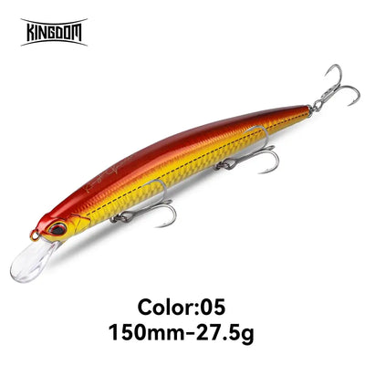 Floating minnow fishing lure, orange-red and silver body with gold stripe, 150mm-27.5g