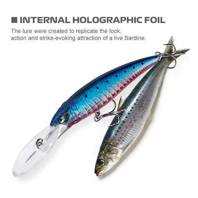 Internal holographic foil minnow lure, blue and silver with two treble hooks