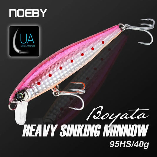 Noeby heavy sinking minnow lure, pink and white scale pattern with treble hooks