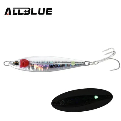 ALLBLUE metal jigging spoon lure, white body with red head spot and treble hook