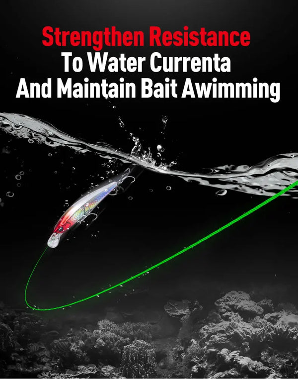 Green braided fishing line leading to bait in water near rod tip