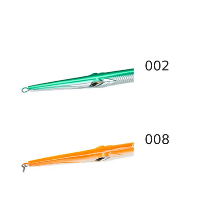 Sinking pencil lure set: green/silver (002) and orange/silver (008), treble hooks