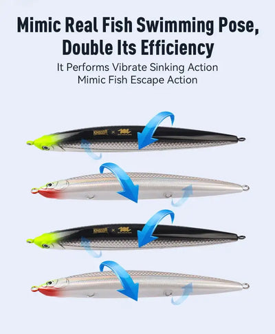Sinking pencil lure color set: black, red/white, and green heads; three lures shown