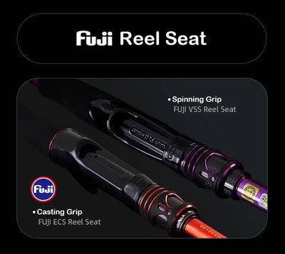 Fishing rod reel seat close-up showing Fuji VSS and ECS grip sections