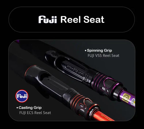 Fishing rod reel seat close-up showing Fuji VSS and ECS grip sections