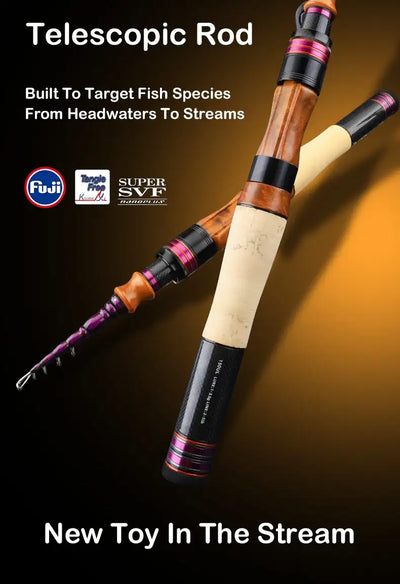 Telescopic fishing rod with brown handle and purple ring accents