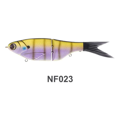 Purple and yellow segmented swimbait lure with black tail, treble hook