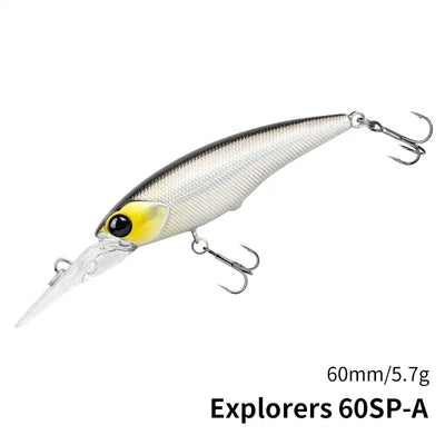 Tsurinoya EXPLORERS 60SP suspending minnow lure with treble hooks, dark back and white belly.
