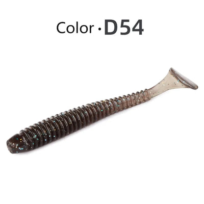 Dark brown glitter soft swimbait lure, translucent tail tip, Color D54