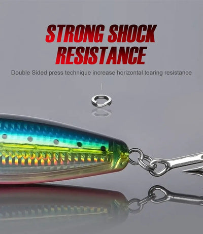 Topwater popper lure side view, teal-green body with patterned stripe and double treble hooks