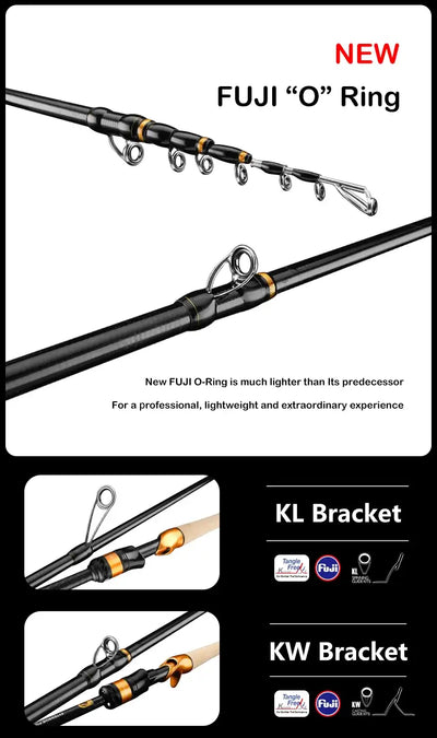 Telescopic fishing rod with FUJI O-ring guide set and black carbon rod blank