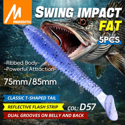 Meredith paddle tail soft plastic lure, purple-blue ribbed body, classic T-tail
