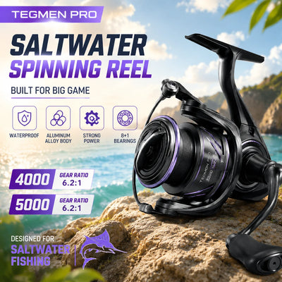 Saltwater spinning reel with black body, purple spool accents, and long handle