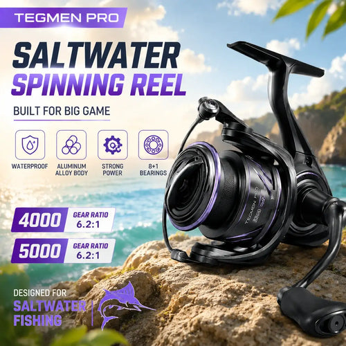 Saltwater spinning reel with black body, purple spool accents, and long handle
