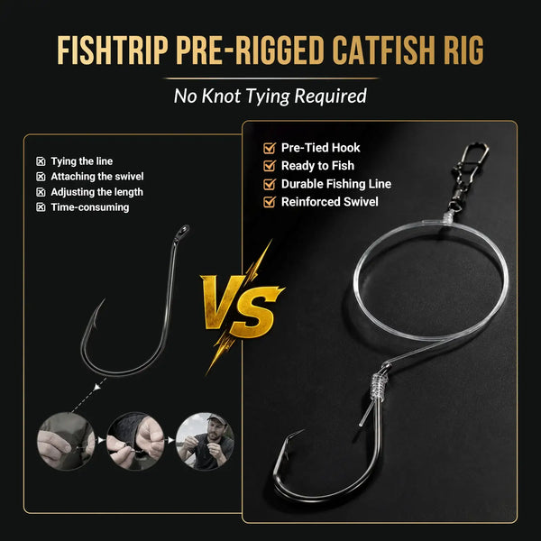 Pre-rigged catfish hook rig with offset hook, leader loop, and reinforced swivel