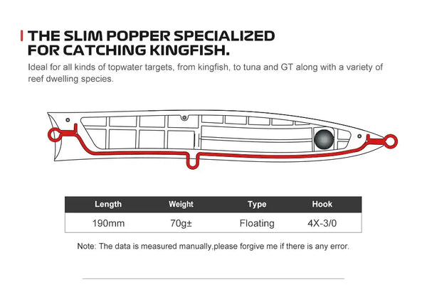 Slim popper fishing lure side view with length and hook size specification chart