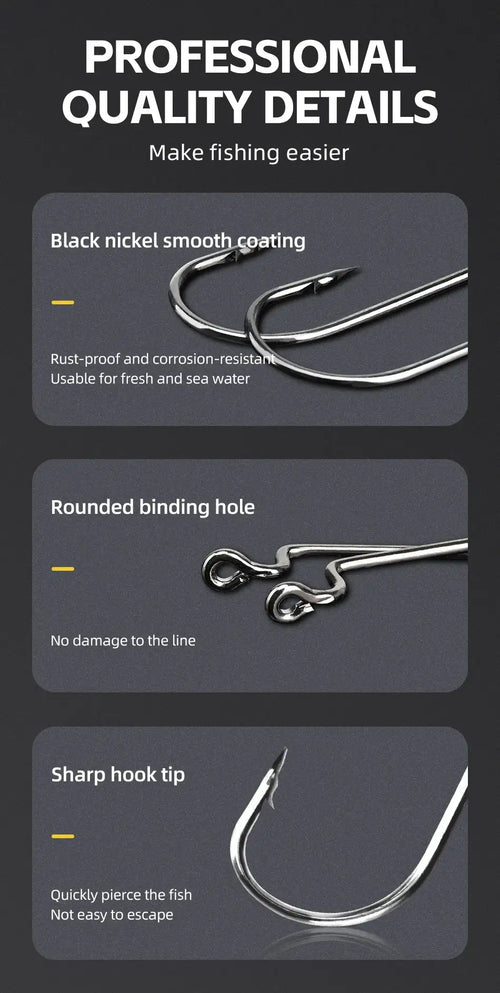 Barbed worm fishing hook with black nickel smooth coating, sharp tip, rounded eye