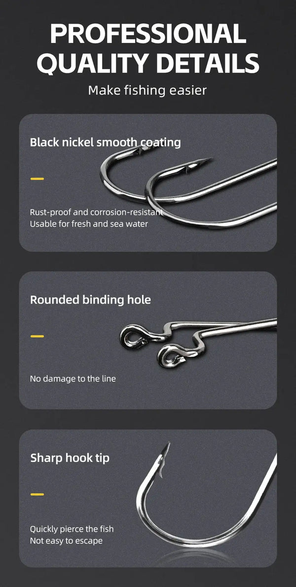 Barbed worm fishing hook with black nickel smooth coating, sharp tip, rounded eye