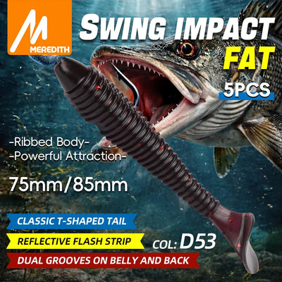 Meredith paddle tail soft plastic 5-pack, dark ribbed body, paddle tail, hooked.
