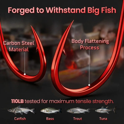 Close-up of red forged offset circle fishing hooks with sharp hook point