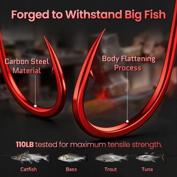 Close-up of red forged offset circle fishing hooks with sharp hook point