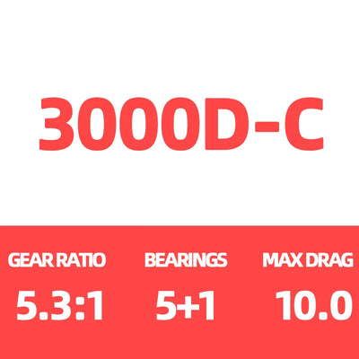 3000D-C spec card: gear ratio 5.3:1, 5+1 bearings, max drag 10.0
