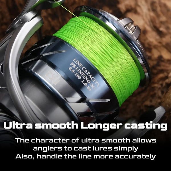 Neon green braided PE fishing line wound on a fishing reel spool