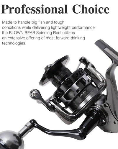 Black spinning reel with dual-tone handle and metal spool