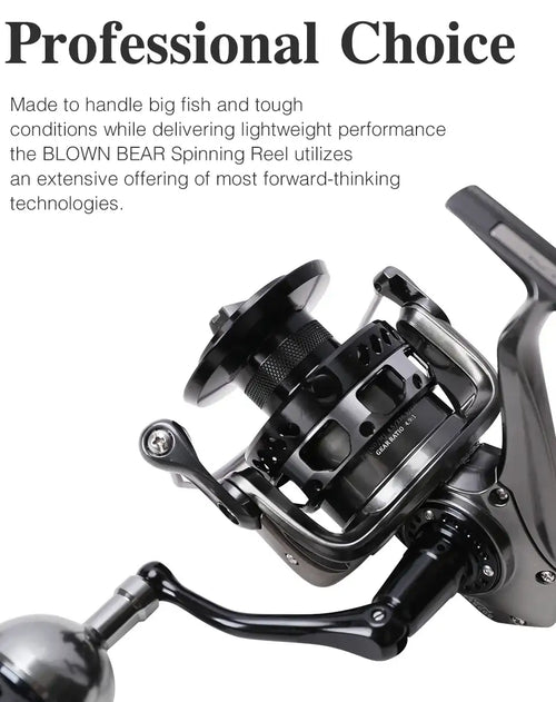 Black spinning reel with dual-tone handle and metal spool