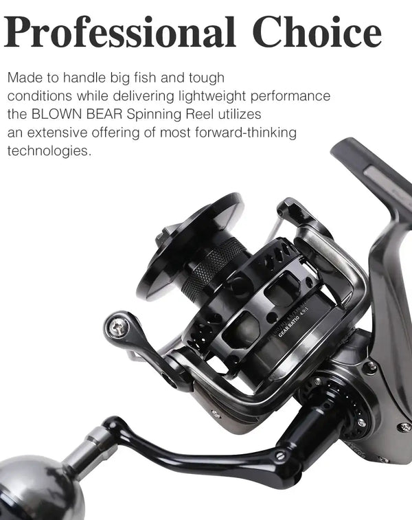 Black spinning reel with dual-tone handle and metal spool
