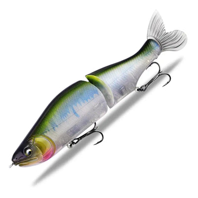 Jointed minnow fishing lure, silver-green body with blue scale pattern and treble hooks